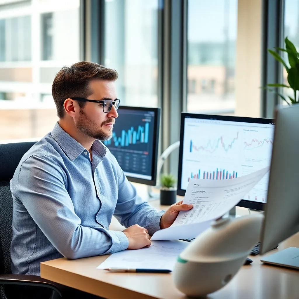 Financieel manager analyseert cashflow rapporten op kantoor