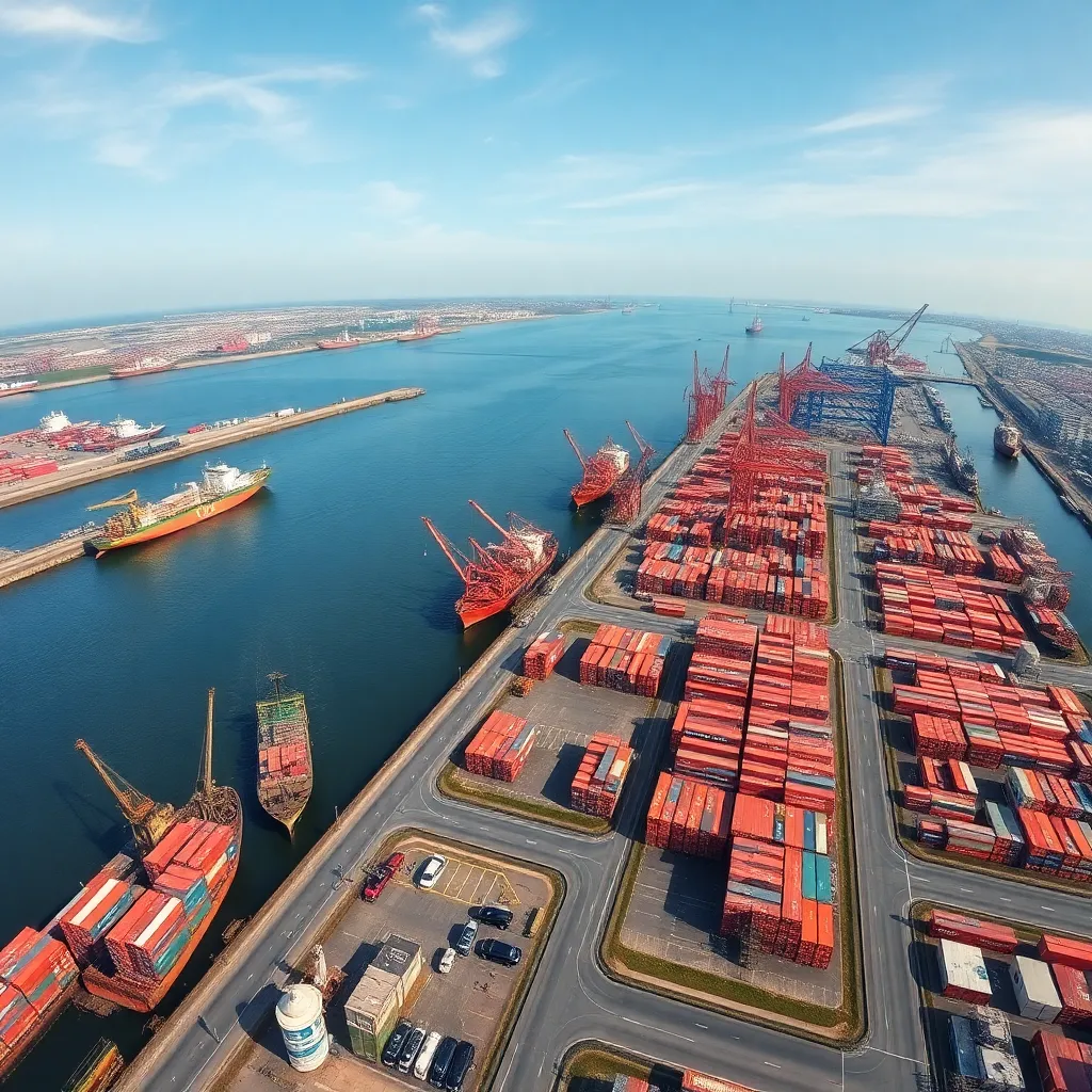 Luchtfoto van de Rotterdamse haven met containerterminals en logistieke activiteiten